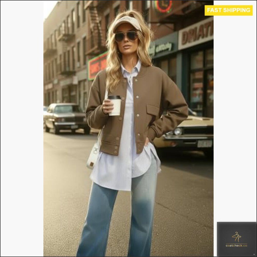 Cropped Bomber Jacket With Pockets, Button Down C… - image 2